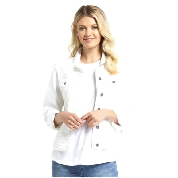 Quacker Factory Jean Jacket Womens Large Dream Jeannes White Stretch Denim QVC - Picture 1 of 8